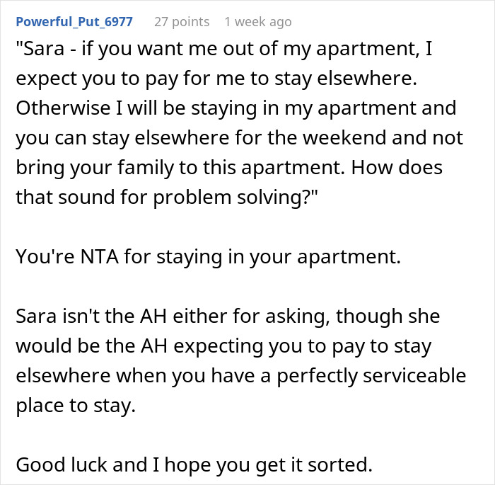 Text of a Reddit comment explaining a guy refuses to pay for a hotel to help his roommate lie to her conservative family.