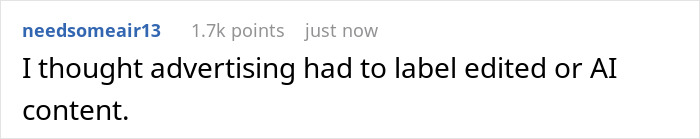 Reddit comment screenshot by needsomeair13 about labeling edited/AI content, referencing Rihanna lingerie photos