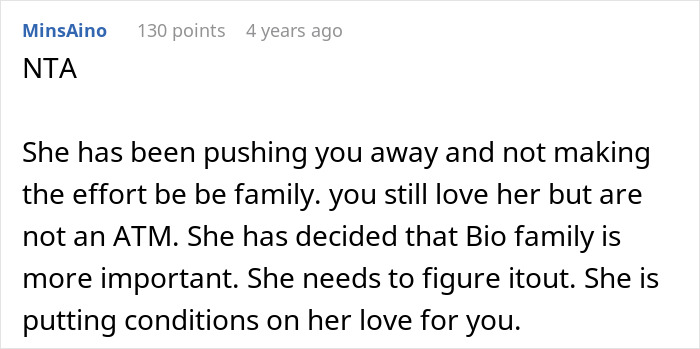 Reddit screenshot of comment about selfish lady ignores adopted family and favoring biological relatives