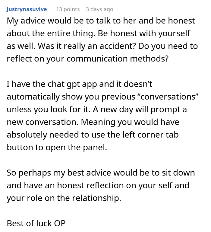 User comment discussing honesty and communication advice about using AI as a personal relationship coach and concerns about upgrades.