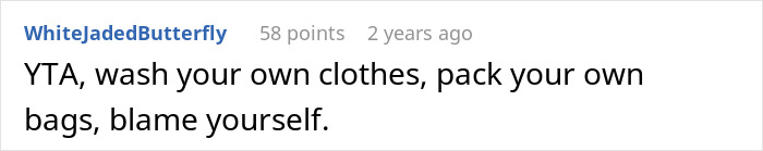 Screenshot of online comment criticizing a man blaming his wife for not having slacks for his business trip.