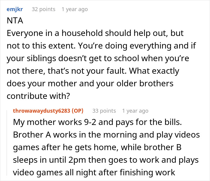 Screenshot of a Reddit conversation about burnout from managing chores and school and frustrations with family contributions.