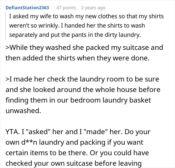 Comment about man blaming wife for no slacks on business trip, discussing laundry and packing issues.