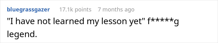 Text post showing user quote saying I have not learned my lesson yet, referencing boss suspending waiter to teach him a lesson.