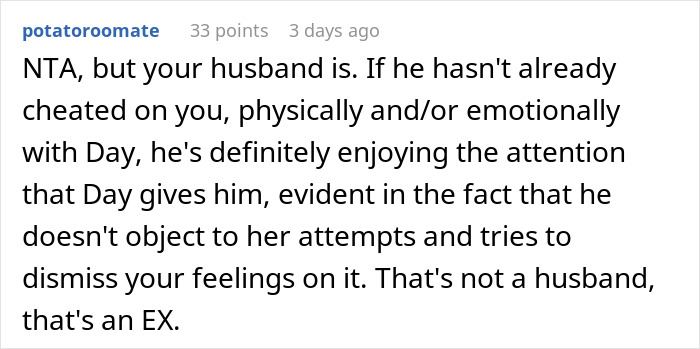 Comment discussing a husband's emotional and physical boundary issues with a female colleague crossing work-wife territory.