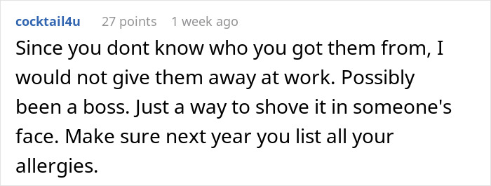 Comment from user cocktail4u sharing advice on handling a possible passive-aggressive gift at daycare workplace.