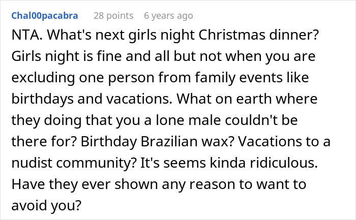 Screenshot of a Reddit comment discussing a guy furious after family refuses to include him in girl days events.