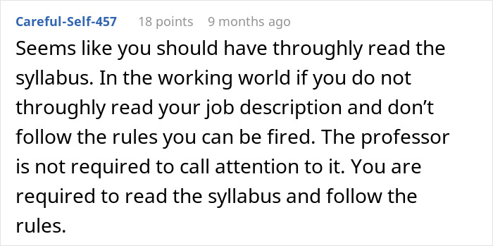 Screenshot of a user comment discussing students pushing back after professor enforces phone rule without warning.