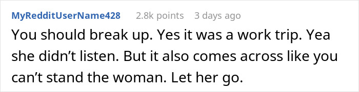 Reddit comment discussing a man losing it when his girlfriend misunderstands his business trip as a romantic getaway.