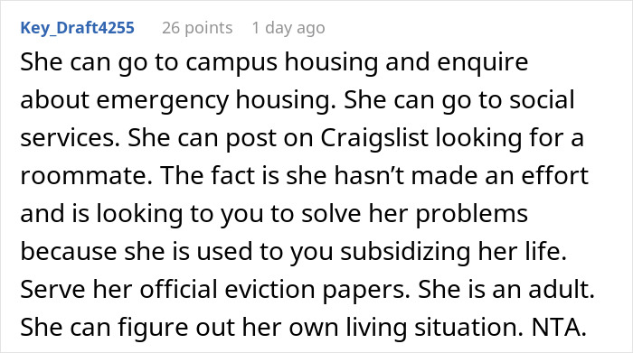 Comment discussing ex-house drama relationship about eviction and self-sufficiency advice for handling housing issues.