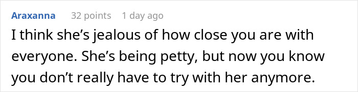 Comment about jealousy and pettiness causing drama as bride enters new family excluding sister-in-law from wedding photos.