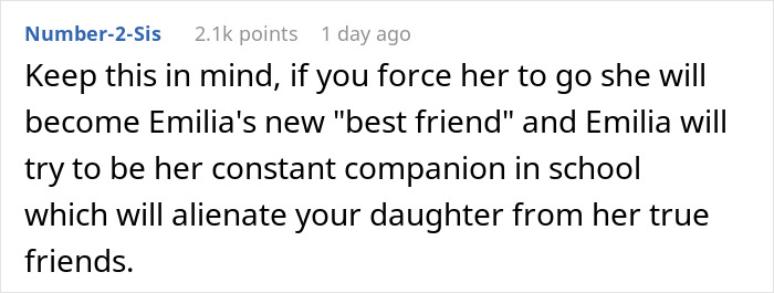 Reddit comment warning against forcing child, mentioning make daughter attend birthday could alienate her from true friends. Reddit comment warning against forcing child, mentioning make daughter attend birthday could alienate her from true friends.