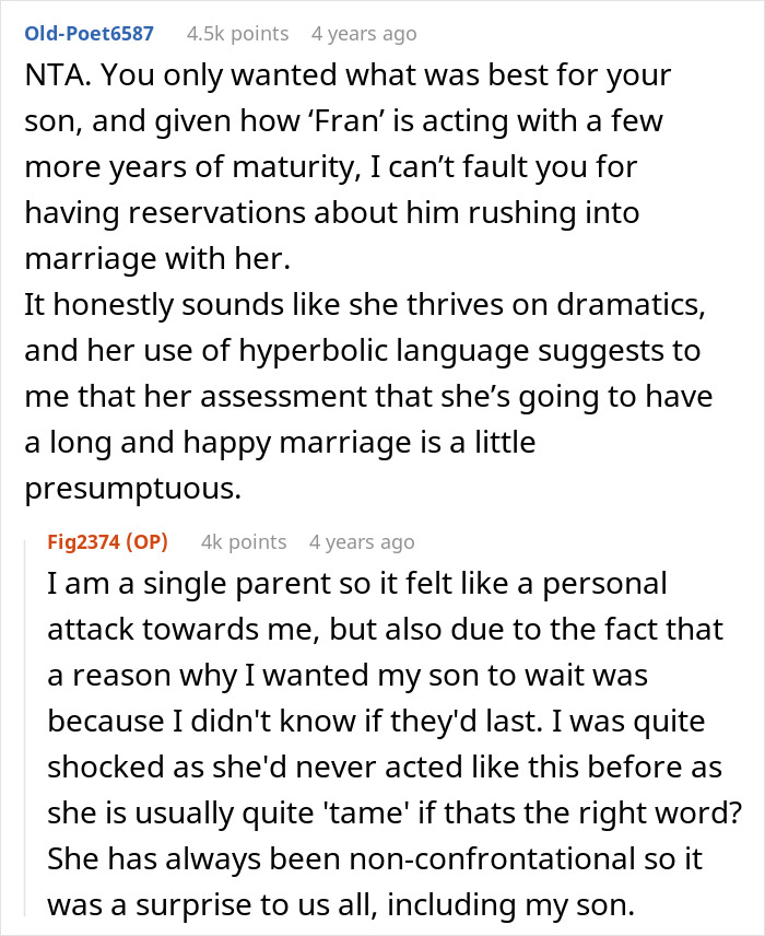 Reddit discussion showing a mom urging son not to marry girlfriend straight after high school, causing long-term grudge. Reddit discussion showing a mom urging son not to marry girlfriend straight after high school, causing long-term grudge.