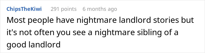 Screenshot of a Reddit comment discussing a nightmare sibling of a good landlord involving tenant harassment and family entitlement.