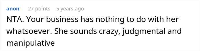 Screenshot of an online comment criticizing a judgmental and manipulative mother-in-law in a relationship dispute.