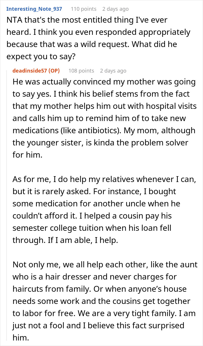 Reddit user discusses entitled uncle expecting niece to be his retirement plan and calls her cruel when laughed off.