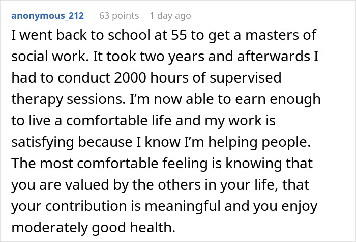 Text post by anonymous_212 sharing her experience going back to school at 55 after being disowned for marrying a mechanic.