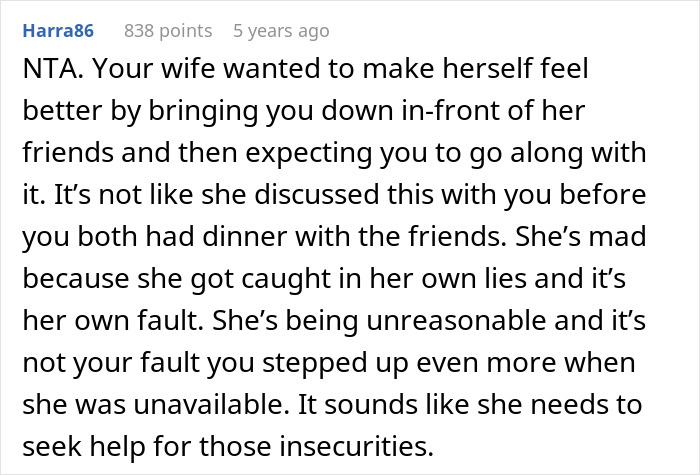 Guy embarrasses wife: screenshot of Reddit comment about wife lying and getting caught, user Harra86 838 points