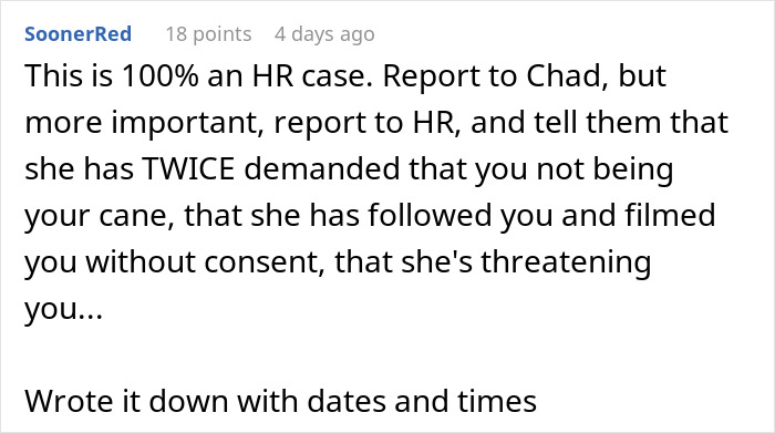 Comment text discussing HR concerns about a woman filming her coworker to prove she is not disabled.