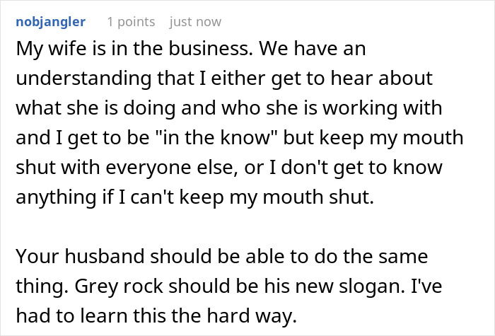 Text message about workplace privacy and using the grey rock method to manage difficult family dynamics at a job.
