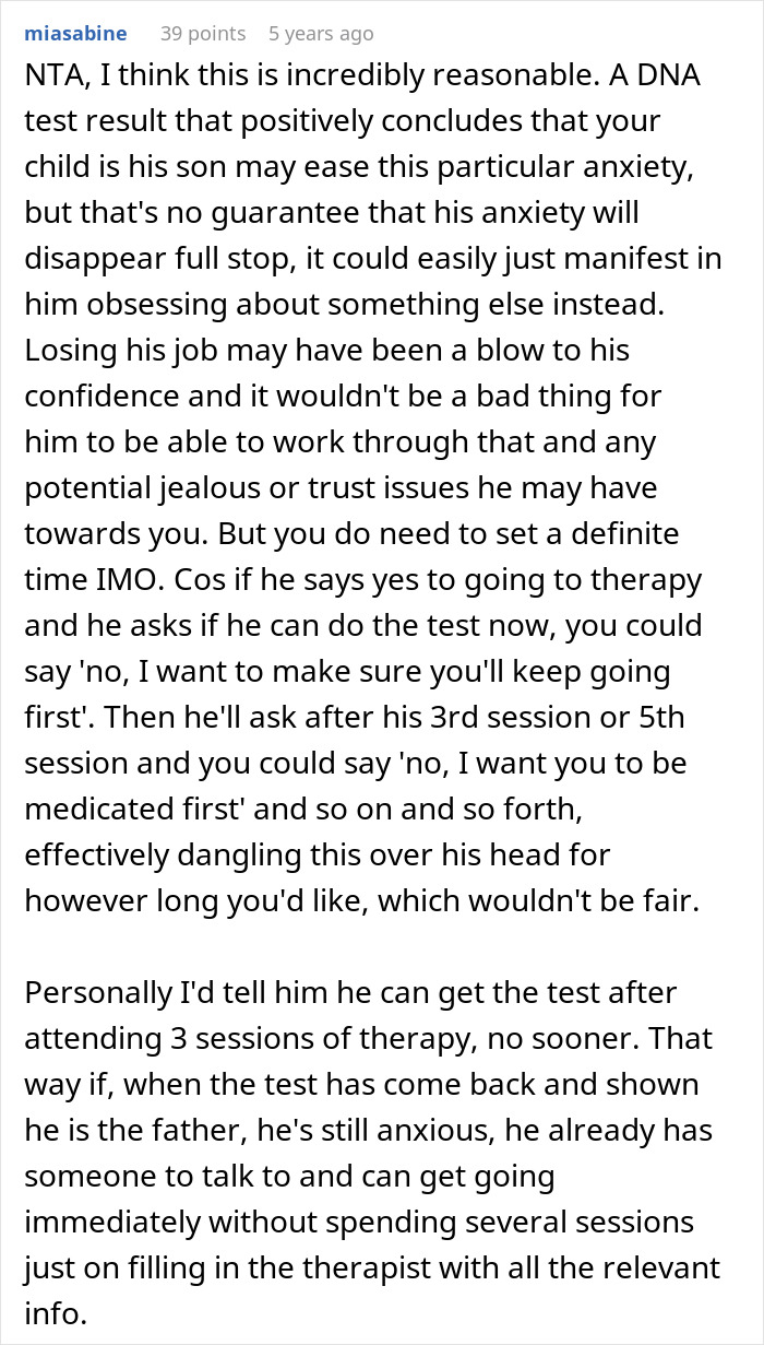 Comment explaining reasonableness of a paternity test demand and suggesting therapy for 3-year-old son’s father’s anxiety.