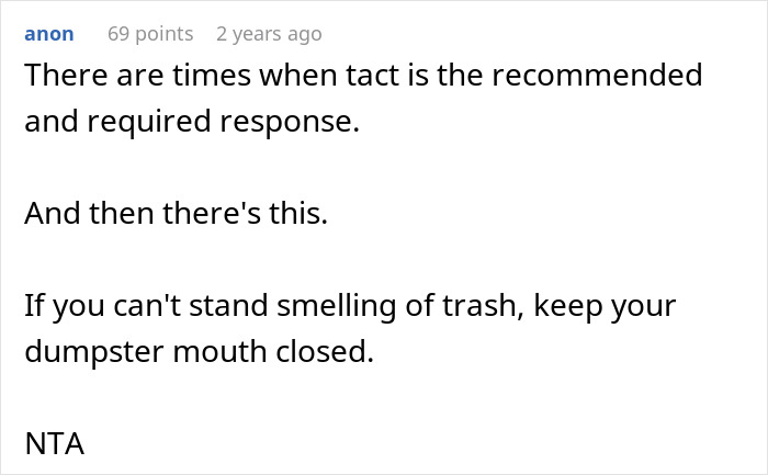 Screenshot of a user comment discussing tact and insults related to a lady insulting SIL's hubby and partner&rsquo;s indiscretions.