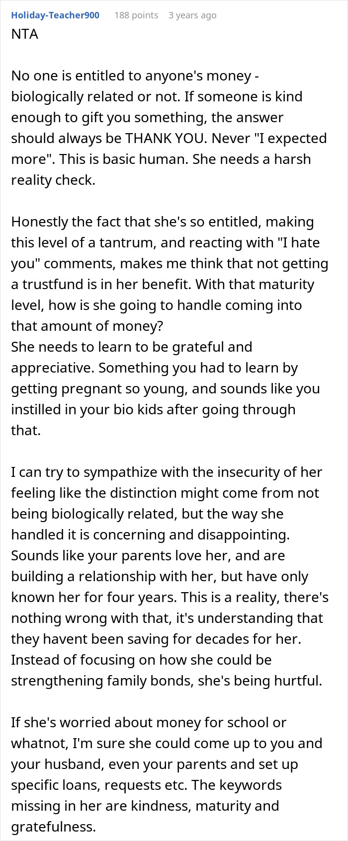 Comment discussing entitlement and maturity issues related to a step-daughter trust fund and family relationships.