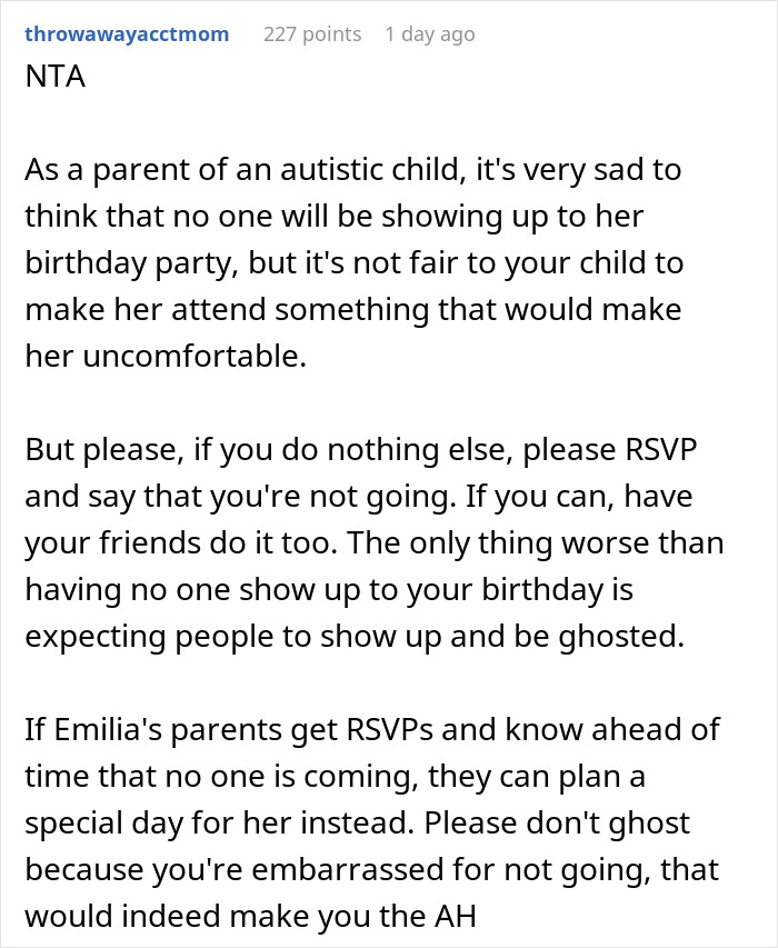 Screenshot of Reddit comment about a parent wonders if they should make daughter attend a birthday everyone is skipping Screenshot of Reddit comment about a parent wonders if they should make daughter attend a birthday everyone is skipping