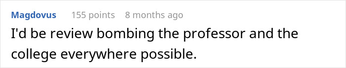 Comment about students pushing back against professor phone rule enforcement risking failing the class shown in online discussion.