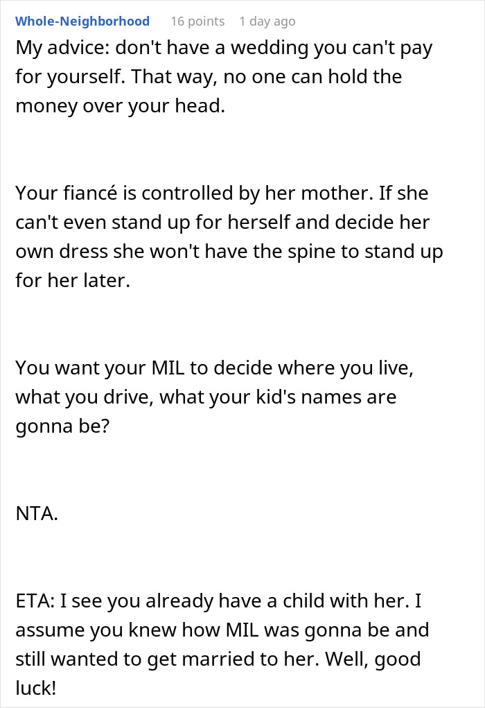 Text advice on mother dictating wedding attire and groom refusing marriage due to control over decisions and finances.