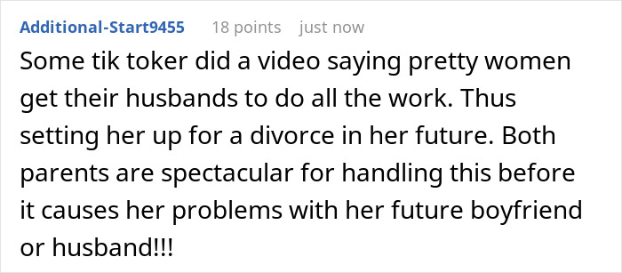 Screenshot of a forum comment discussing an annoyed mom banishing her 15-year-old daughter for calling chores pick me behavior.