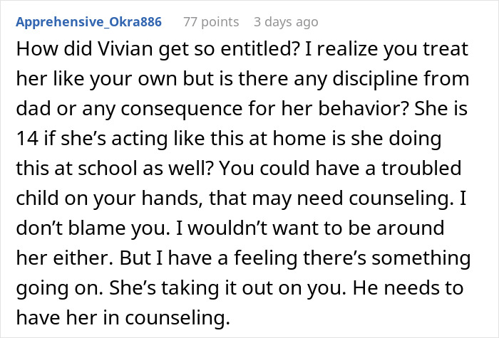 User comment discussing discipline and counseling concerns for entitled stepdaughter in family conflict.