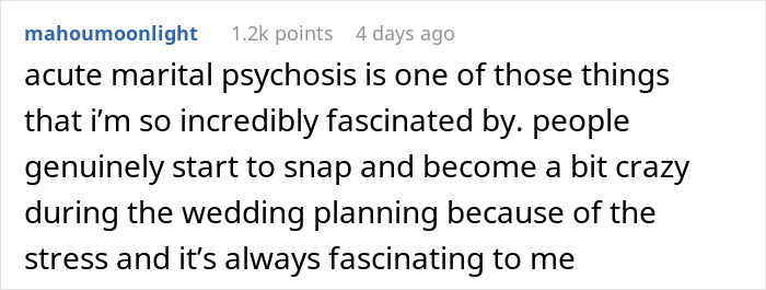 Text post discussing acute marital psychosis and stress during wedding planning from a Reddit user&rsquo;s comment.