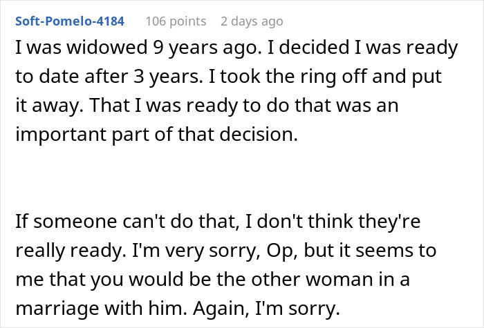 Widower boyfriend's wedding ring sparks a brutal reality check for woman questioning his readiness to date.