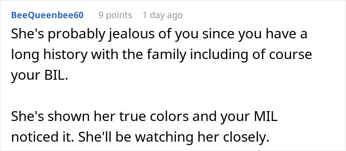 Comment discussing family drama involving bride, sister-in-law, and tensions after wedding photo exclusion.