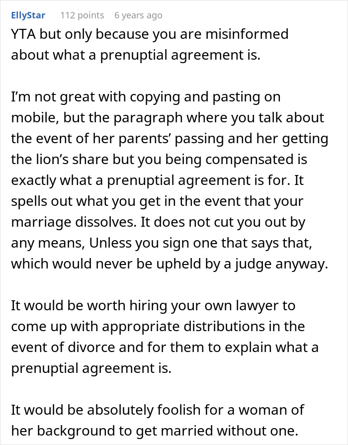 Comment explaining the importance of a prenuptial agreement and suggesting legal advice for appropriate distribution terms. Comment explaining the importance of a prenuptial agreement and suggesting legal advice for appropriate distribution terms.