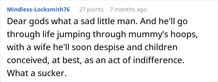 Comment on Reddit expressing frustration about a man controlled by his mother, linked to manipulative family dynamics.