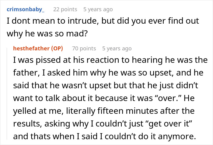 Reddit conversation showing a man upset after paternity test results for his 3-year-old son, wife suggests therapy instead.