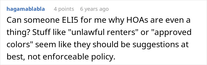 Text post on HOA policies questioning enforceability of rules with phrases unlawful renters and approved colors.