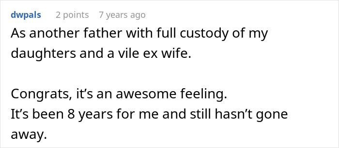 Screenshot of a forum comment discussing custody and referencing a difficult ex wife situation in a personal story.