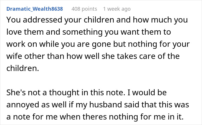 Comment discussing husband's note to wife, highlighting wife feeling unappreciated and overlooked in the message.