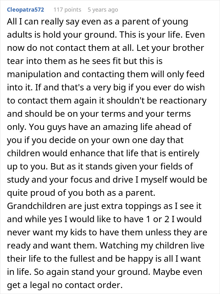 Comment advising to hold ground against man&rsquo;s parents trying to guilt-trip couple into having kids and disinheritment threats.