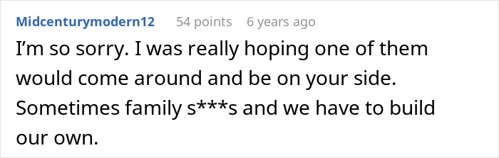 Screenshot of a comment expressing sympathy for a guy furious after family refuses to include him in girl days, mentioning immaturity.