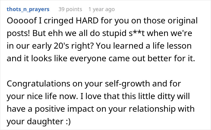 Alt text: Online comment reflecting on personal growth and lessons learned from a past relationship with princess syndrome.