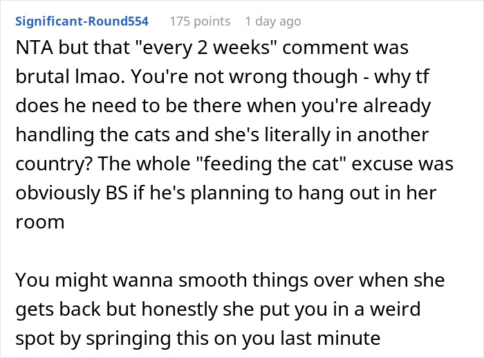 User comment discussing roommate boyfriend vacation drama involving trust issues and last-minute surprises.