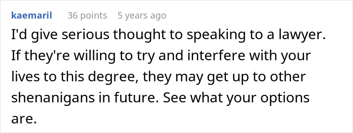 Comment advising to consult a lawyer when man&rsquo;s parents try to guilt-trip couple about having kids and threaten disinheritance.