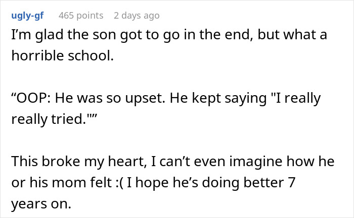 Screenshot of a Reddit comment expressing sympathy for an autistic kid humiliated and excluded from a school trip.