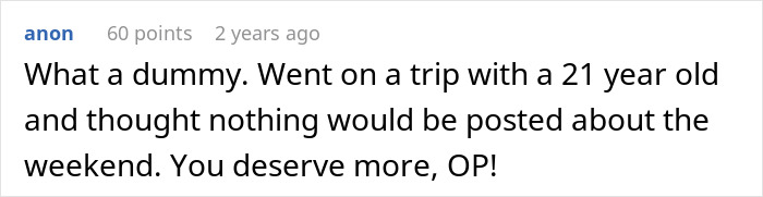 Comment calling out a lying boyfriend who went on a trip with a female friend and got exposed online.