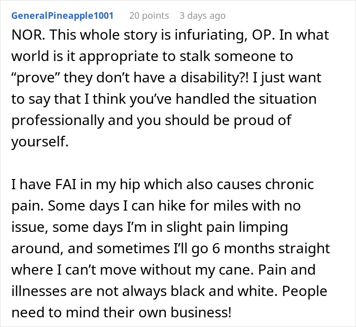 Online comment criticizing a woman filming her coworker to prove she&rsquo;s not actually disabled after work.