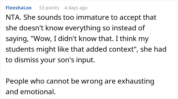 Screenshot of a Reddit comment discussing a teacher being corrected by a kid and the dad supporting the kid&rsquo;s fun fact.